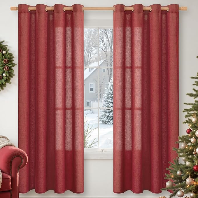 YoungsTex Burgundy Red Linen Curtains 72 Inch Length for Living Room, Light Filtering Window Drapes with Bronze Grommet Privacy for Dining Bedroom, 52 x 72 Inch, 2 Panels