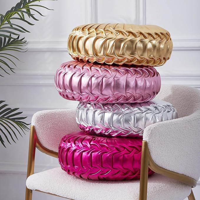 EUCIOR Round Throw Pillows,Pumpkin Pleated Handmade Metallic Throw Pillows,Hot Pink Throw Pillow,Modern Leather Decorative Pillowcases for Home Decor Bedroom Living Room Couch Bed Sofa (Hot-Pink)
