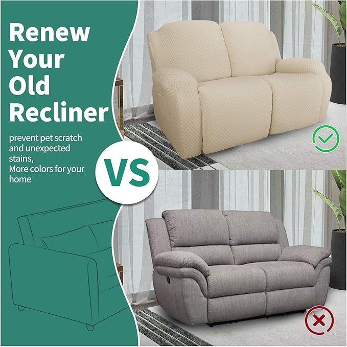 YEMYHOM 6 Pieces Stretch Loveseat Recliner Slipcover Jacquard Recliner Sofa Cover with Side Pocket Fitted Recliner Cover Couch Furniture Protector with Elastic Bottom (Loveseat Recliner, Beige)