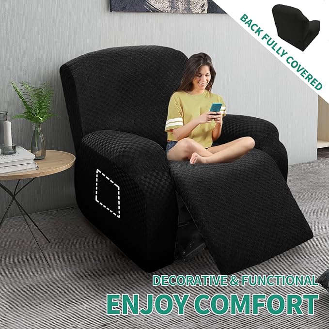 YEMYHOM 4 Pieces Oversized Stretch Recliner Slipcover Latest Jacquard Large Recliner Chair Cover with Side Pocket Anti-Slip Fitted Furniture Protector with Elastic Bottom (X-Large Recliner, Black)