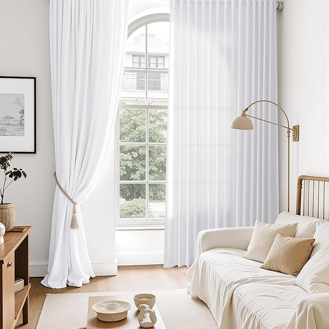 Nanspring Snow White Linen Curtains 84 Inch Length 2 Panels Set for Living Room Light Filtering Semi Sheer Curtain Back Tab Luxury Neutral Coastal Modern Farmhouse Decor Drapes for Bedroom 52x84