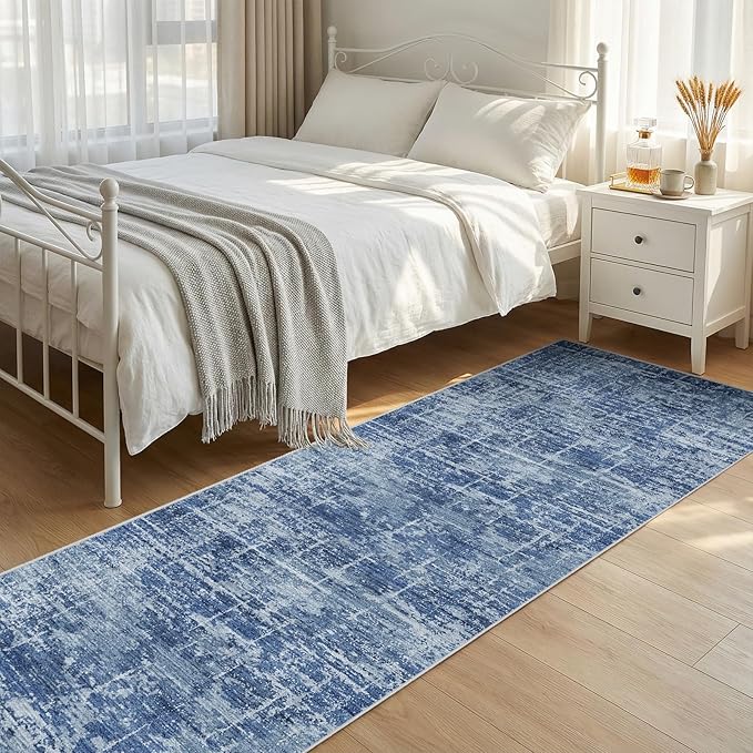 2x8 Washable Kitchen Runner Rug - Modern Abstract Neutral Carpet with Non-Slip Backing Low-Pile Stain-Resistant Thin Runners for Hallway Bathroom Bedroom Entryway (2x8, Blue)