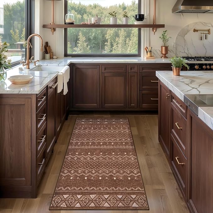SERISSA 2x4 Rugs for Entryway, Washable Non-Slip Coffee Brown Small Runner Rug, Soft Low-Pile Boho Geometric Indoor Entry Rug Door Mat Indoor Entrance Front Door Carpet for Bathroom Kitchen Bedroom
