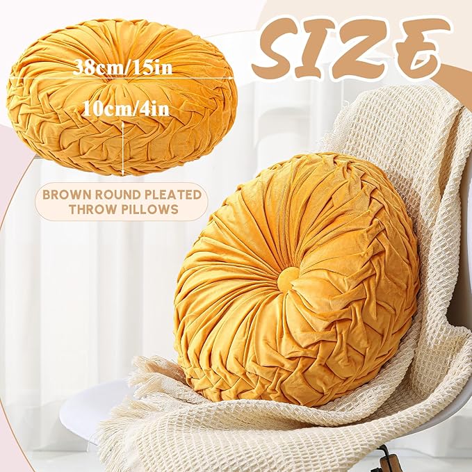 Drydiet 1 Pcs Round Throw Velvet Pillows Decorative Pleated Throw Pillows 15'' Diameter Accent Pumpkin Boho Chair Cushion for Couch Sofa Home Decoration (Yellow)