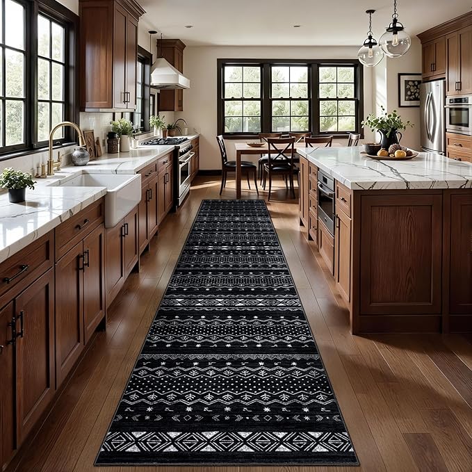SERISSA Hallway Runner Rug, 2x10 Washable Non-Slip Black and White Runners for Hallways, Soft Low-Pile Boho Geometric Indoor Long Carpet for Kitchen Entryway Laundry Bedroom Bathroom