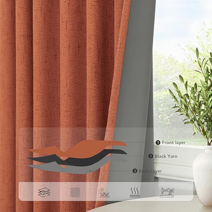 Terracotta Blackout Curtains 108 Inch Long 2 Panel Set Linen Textured Fall Rustic Country Rust Orange Black Out Curtain for Sliding Doors Back Tab Floor to Ceiling Drape for Living Room Bedroom Window