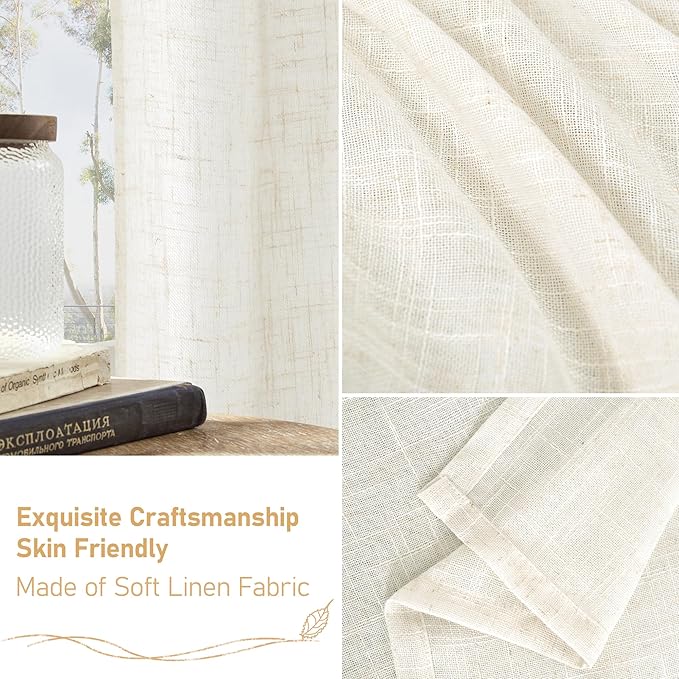 LAMIT Cream Linen Boho Curtains, 78 inch Length, 2 Panels, Light Filtering Semi Sheer, Back Tab and Rod Pocket, Neutral Panels for Bedroom/Living Room, 52 x 78 Inch
