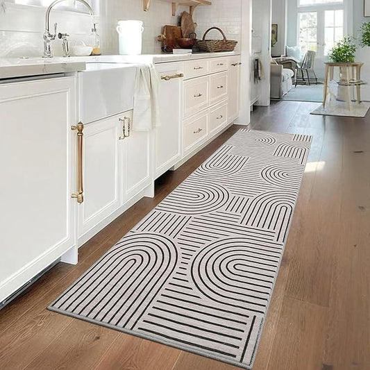 Modern Rug 2.5x8 Runners for Hallways, Abstract Kitchen Runner Rugs Non Slip Bath Runner, Rainbow Washable Rug for Bedroom, Soft Long Rugs for Entryway Bathroom Laundry Dorm, LightCamel
