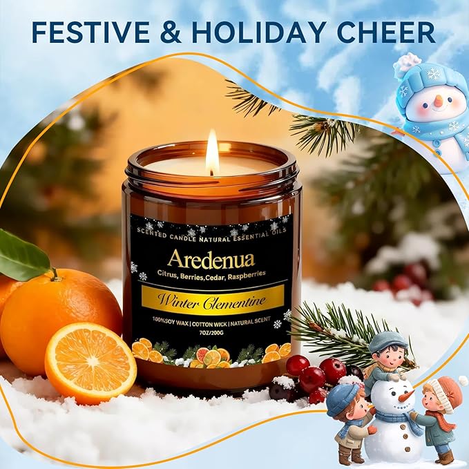 Winter Candles – Clementine Candle | Holiday Scented Candles - Citrus Soy Candle for Odor Eliminator | Winter Christmas Gift for Women Men 7oz Jar with 50H Clean Burn & Long Lasting