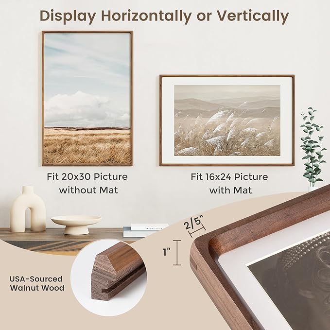 20x30 Poster Frame, USA-Sourced Walnut Wood Picture Frame with HD Tempered Glass, Handcrafted Rounded Corner 20 x 30 Wooden Frames Matted to 16x24 Photos, Horizontal or Vertical Wall Display
