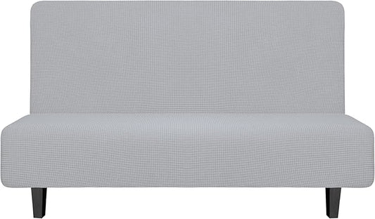 Easy-Going Stretch Futon Sofa Slipcover Armless Sofa Bed Cover Furniture Protector Without Armrests with Elastic Bottom for Kids,Soft Jacquard Fabric Small Checks（Medium Futon,Silver Gray