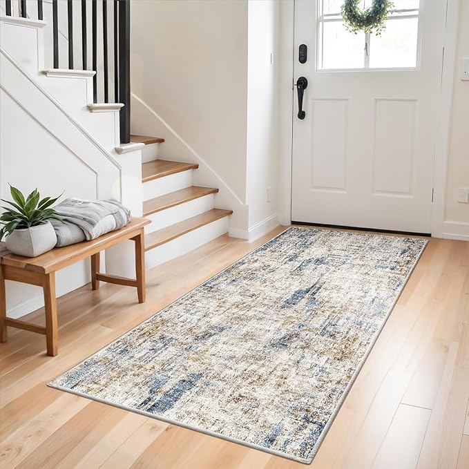 3x6 Washable Non-Slip Kitchen Runner Rug – Modern Abstract Wide Floor Carpet Runner with Rubber Backing for Entryway, Hallway, Bathroom, Living Room, Low Pile Thin (Blue Brown)