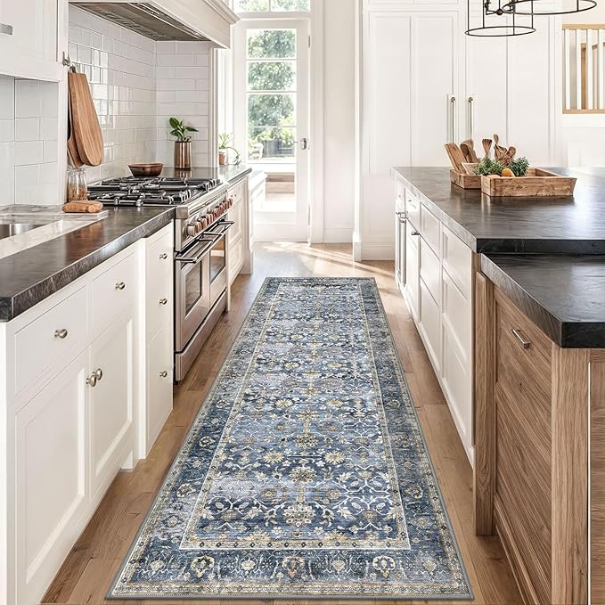 KUTA Vintage Wide Runners for Hallways 3x8 ft Blue Grey Beige Washable Kitchen Runner Non Slip Rubber Backed Hall Runners Entryway Runner Rugs Floor Carpet for Indoor Backdoor Bedroom Kitchen