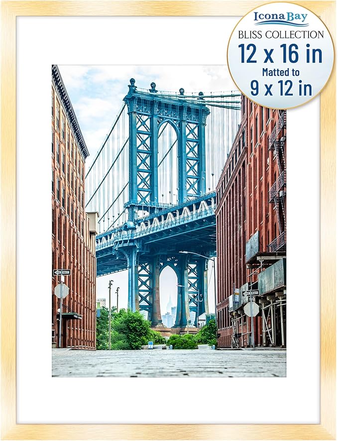 Icona Bay - 12x16 Gold Picture Frame with Removable Mat to 9x12 Photo - Modern Style Engineered Wood Poster Frame - Wall Mount Only - Bliss Collection