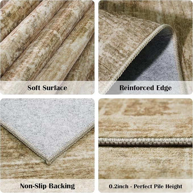 3x7 Washable Kitchen Runner Rug - Modern Abstract Neutral Carpet with Non-Slip Backing Low-Pile Stain-Resistant Thin Runners for Hallway Bathroom Bedroom Entryway (3x7，Tan/Brown)