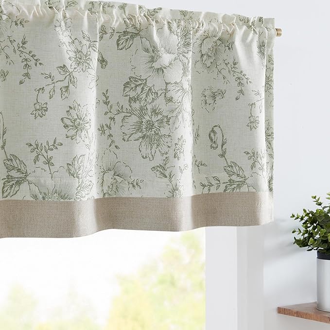 jinchan Linen Floral Valance Double Layer Kitchen Window Curtain Green Flower on Beige Valance for Living Room Cafe Farmhouse Light Filtering Rustic French Country Sage 16 Inch Rod Pocket 1 Panel