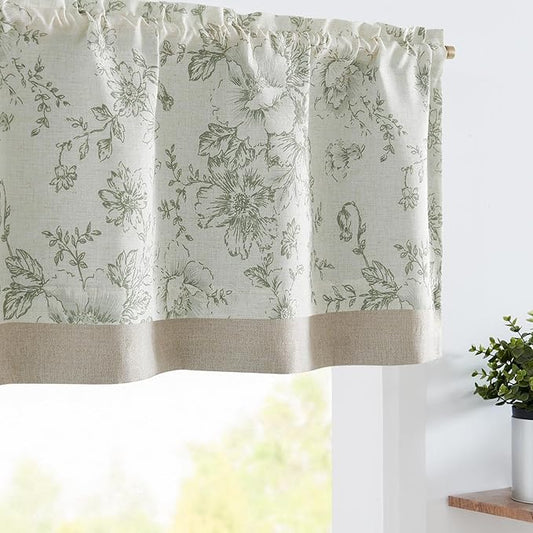 jinchan Linen Floral Valance Double Layer Kitchen Window Curtain Green Flower on Beige Valance for Living Room Cafe Farmhouse Light Filtering Rustic French Country Sage 16 Inch Rod Pocket 1 Panel