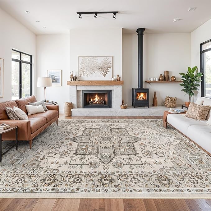 RUUGME 10x14 Area Rug Washable - Washable Lightweight Area Rug Stain Resistant Carpet Soft Rugs for Bedroom with Non Slip Backing Indoor Ultra-Thin Rugs Home Decor 10x14 Ivory