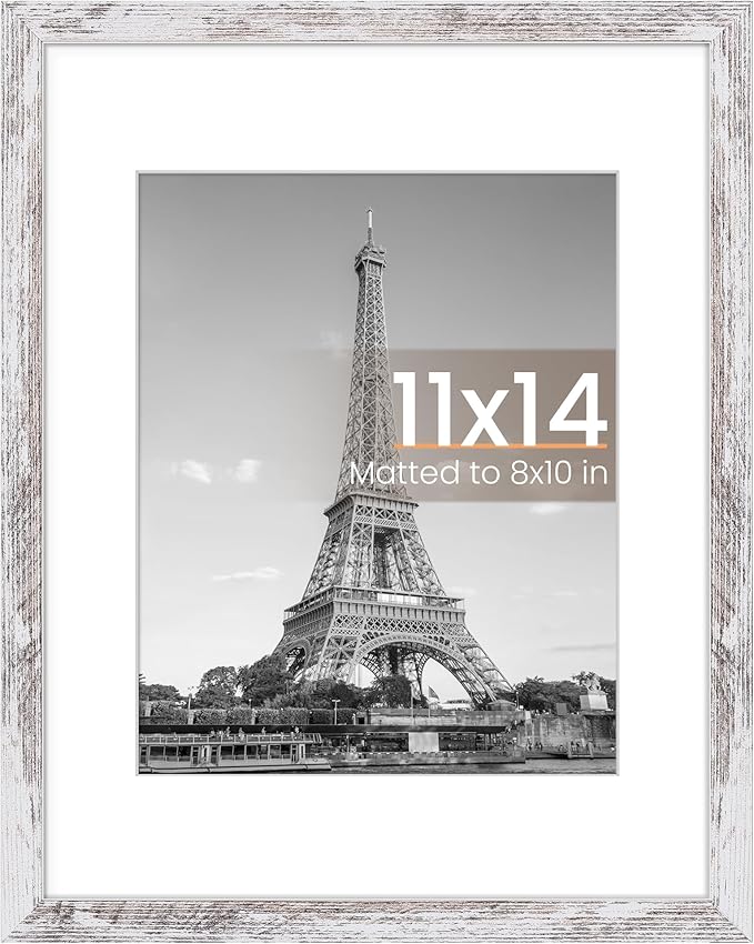 upsimples 11x14 Picture Frame, Display Pictures 8x10 with Mat or 11 x 14 Without, Wall Hanging Photo Frames, Rustic White, 1 Pack