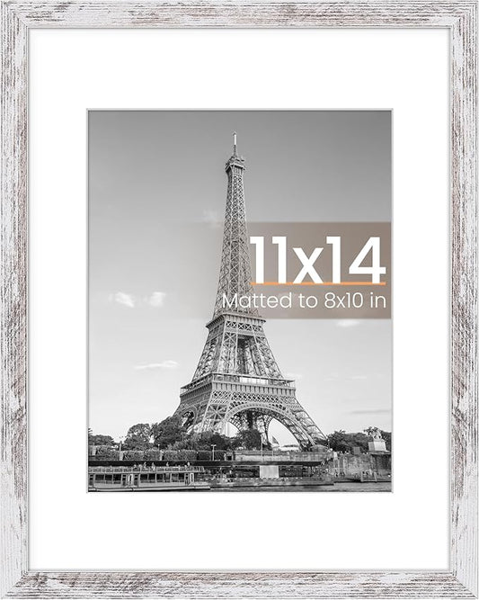 upsimples 11x14 Picture Frame, Display Pictures 8x10 with Mat or 11 x 14 Without, Wall Hanging Photo Frames, Rustic White, 1 Pack