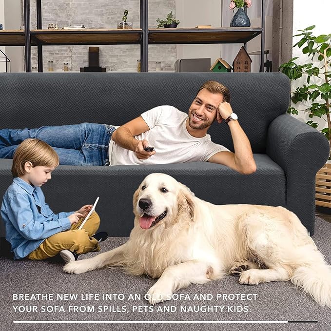 XINEAGE 2026 New 1 Piece Couch Covers for 2 Cushion (55"-69") Stretch Loveseat Sofa Cover Slipcover Jacquard Universal Furniture Protector with Elastic Bottom for Kids,Dog (Loveseat, Dark Gray)