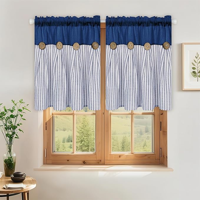 ASPMIZ Cotton Linen Kitchen Curtains 36 Inch Length, Farmhouse Rod Pocket Short Curtains for Window, Blue Striped Small Window Curtain Boho Rustic Button Window Treatment Tiers for Bathroom, Cafe