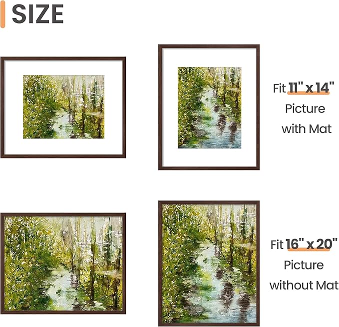 upsimples 16x20 Picture Frame, Display Pictures 11x14 with Mat or 16 x 20 Without, Wall Hanging Poster Frame, Brown, 1 Pack