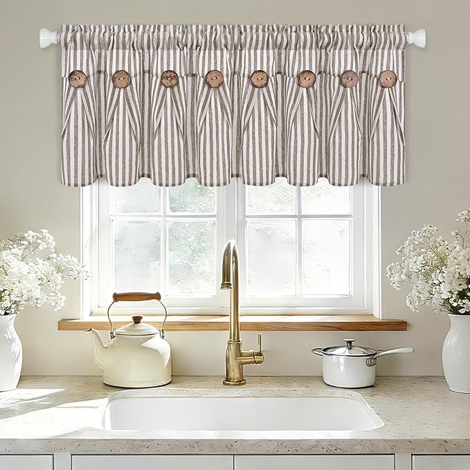 ASPMIZ Farmhouse Valances for Windows, Cotton Linen Kitchen Curtains Valances with Rustic Buttons, Brown Striped Window Valance for Living Room, Boho Valance Curtains for Bathroom, 52 x 18 Inches