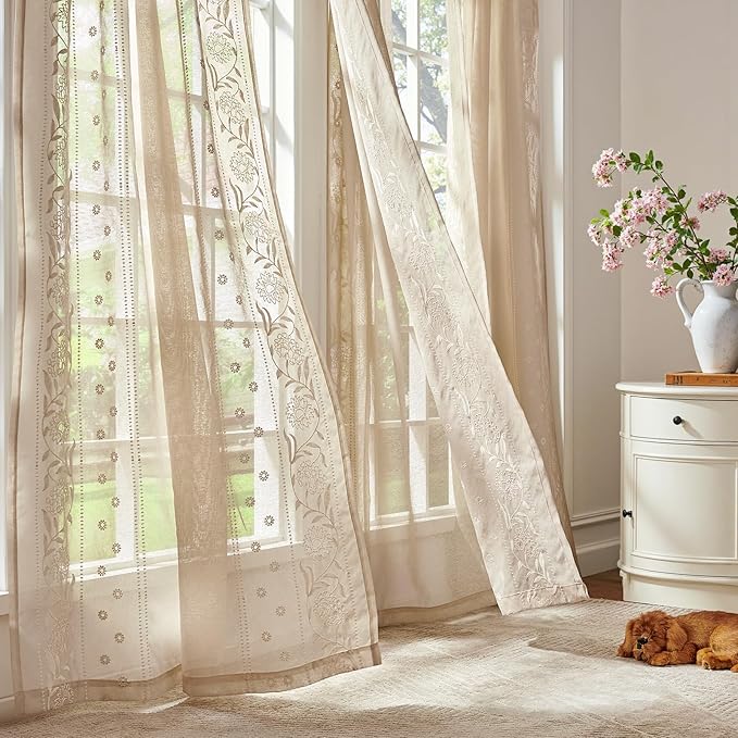 jinchan Winslow Sheer Curtains 96 Inch for Bedroom Living Room Embroidered Bordered Floral Nursery Curtains for Playroom Light Filtering, Ivory on Beige, 2 Panels, 50W x 96L