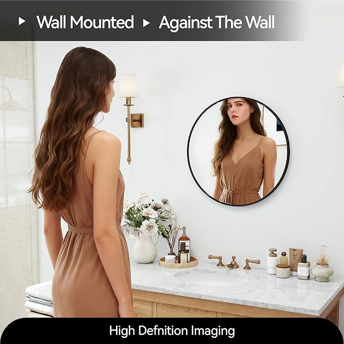 SCWF-GZ 20" Round Mirror Circle Wall Mounted Hanging or Against Wall Metal Frame Dressing Make-up Mirrors for Entryway Bedroom Bathroom Living Room 20 inch Black