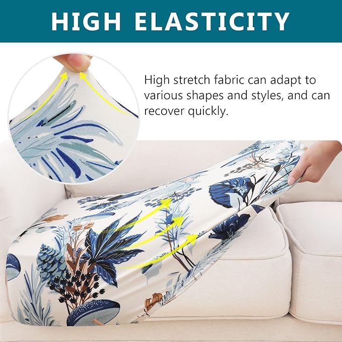 hyha Printed Couch Cushion Covers, Floral Sofa Covers Washable for 2 Cushion Couch, Stretch Pattern Outdoor Cushion Covers for Patio Furniture with Elastic Bottom(2 Packs, Mushroom Flowers)