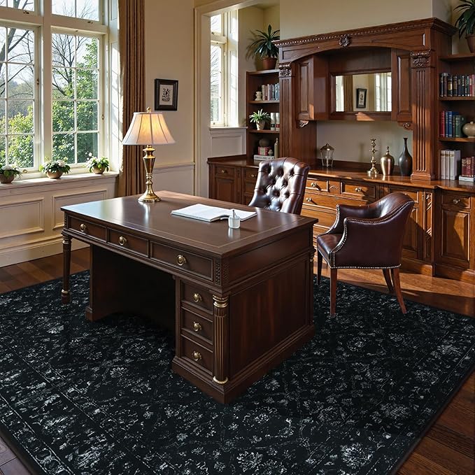 Vintage Black Rugs for Living Room, Ultra-Thin Washable Rugs 8x10 for Bedroom Non Slip, Non Shedding Soft Boho Carpet Rug for Dining Room Office (8'x10', Black)