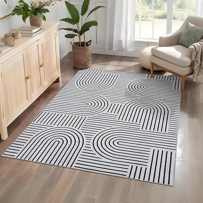 Washable Rug 4x6 Area Rugs for Living Room, Abstract Rug for Bedroom, Soft Rainbow Non Slip Throw Rugs with Rubber Back, Low Pile Stain Resistant Boho Geometric Carpet for Dining Room, Blackwhite