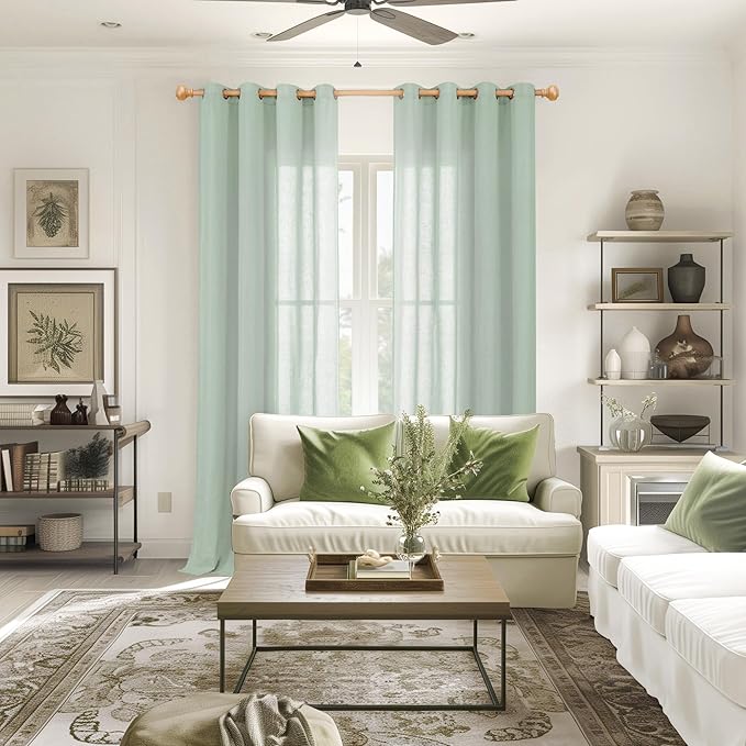 YoungsTex Mint Green Linen Semi Sheer Curtains 84 Inches Length for Living Room Spring Decor - Sage Light Filtering Drapes with Grommet Boho for Bedroom Dining Lightweight, 2 Panels, 52 X 84 Inch