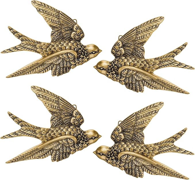 4 Pcs Vintage Bird Wall Sculpture Decor Art 4.7 Inch Antique 3D Sculpted Hanging Bird Resin Wall Art Golden Brass Floating Ornament for Living Room Garden Outdoor, Gifts for Couples Housewarming