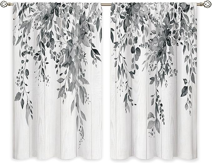 Farmhouse Grey Eucalyptus Small Kitchen Curtains Leaves Window Treatment Black White Wooden Cafe Short Curtains for Bathroom Dining Laundry Room Botanical Tier Treatment Drapes 26x36 inch