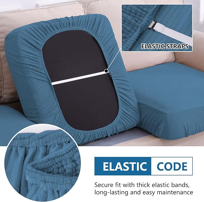 hyha Waterproof Couch Cushion Covers for Pets, Non Slip Sofa Seat Cover for Dogs Washable, Soft Thick Stretch Jacquard Fabric, Sofa Slipcovers with Elastic Bottom (3 Pieces, Blue)