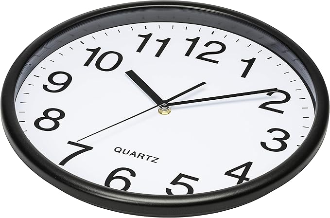 Bernhard Products Black Wall Clock, Large 13-Inch Silent Non Ticking Quartz Battery Operated Round Easy to Read Classroom/Home/School/Office Clock