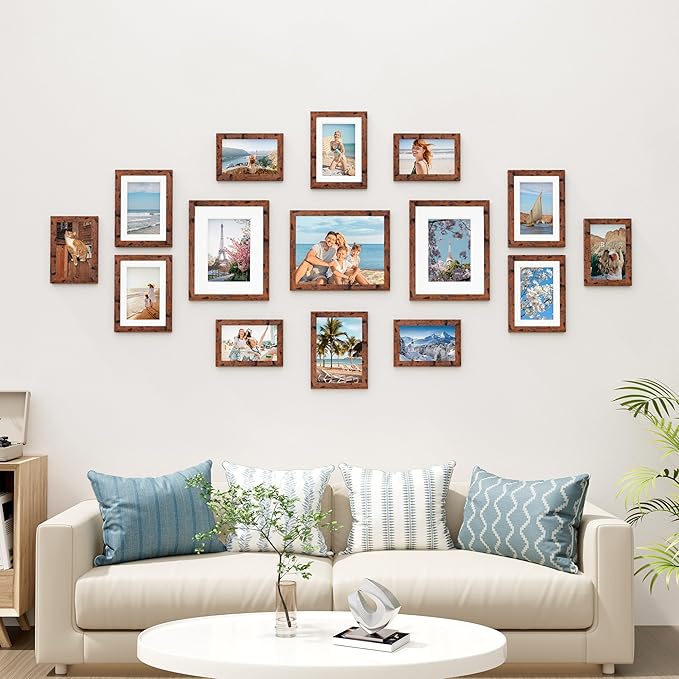 Vittanly 15 Pack Picture Frames Collage Wall Decor for Mounting or Tabletop Display, Gallery Frame Set for Family, Multi Sizes Including 3pcs 8x10, 6pcs 5x7, 6pcs 4x6, Rustic Brown
