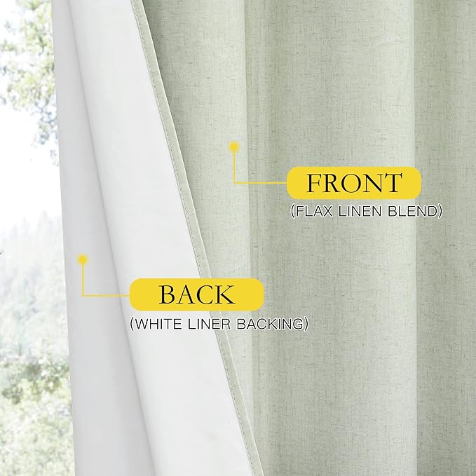 NICETOWN 100% Blackout Linen Curtains with Thermal Insulated White Liner, Sage Green, W62, 2 Pieces, Noise Reducing Textured Linen Look Curtains for Windows 108" Length for Classroom
