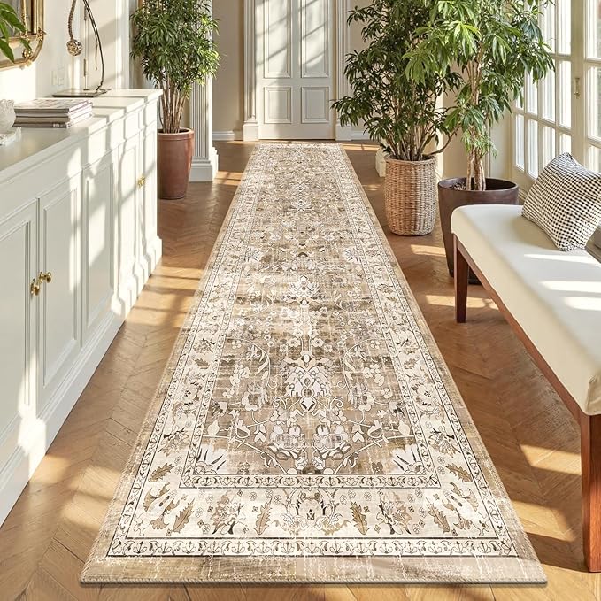 LOKHOM Washable Runner Rug, 3x10 Non-Slip Vintage Kitchen Runner Rug with Rubber Backing, Boho Floral Soft Faux Wool Hallway Rug Carpet Runner for Laundry Entryway Bedroom (Beige Brown)