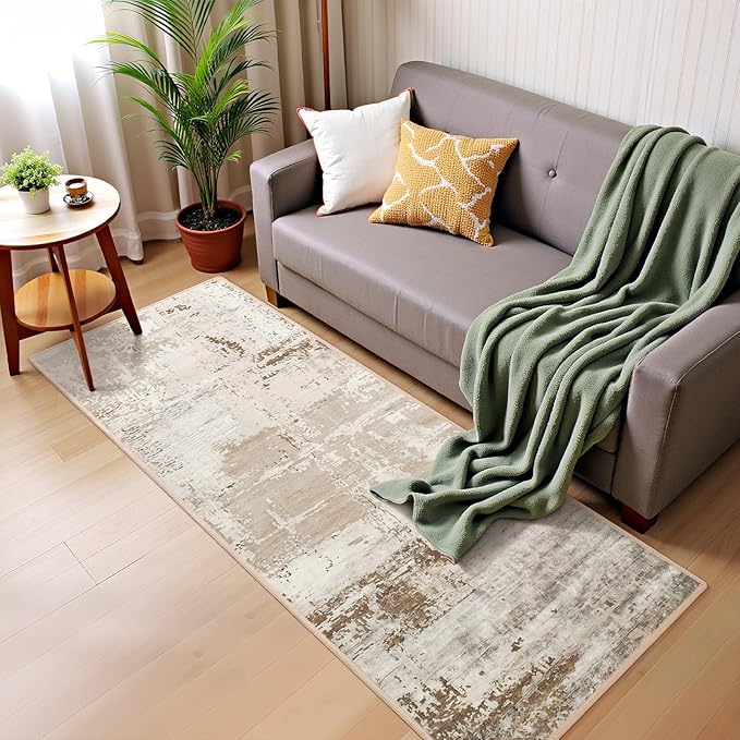 HOMORE 2x6 Runner Rug for Kitchen Hallways Runners Rugs,Beige Area Rug Non Slip Washable Rugs for Entrway Soft Abstract Carpet for Entrance Bedroom Living Room Laundry Bathroom