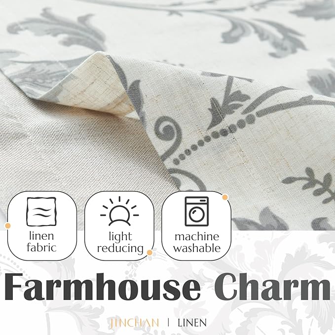 jinchan Linen Valance Curtain Farmhouse Window Decor Gray Floral Print for Kitchen Living Room Double Layer Blackout Valance 16 Inches Rustic Window Treatment 1 Panel Rod Pocket Grey on Beige