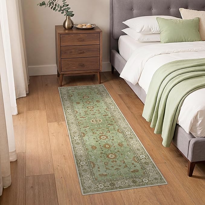 GENIMO Runner Rug for Hallways Machine Washable, 3x7 Non Slip Boho Vintage Lightweight Washable Runners, Thin Floor Rugs for Entryway Hallway Bathroom Laundry Room Corridor, Brick Sage