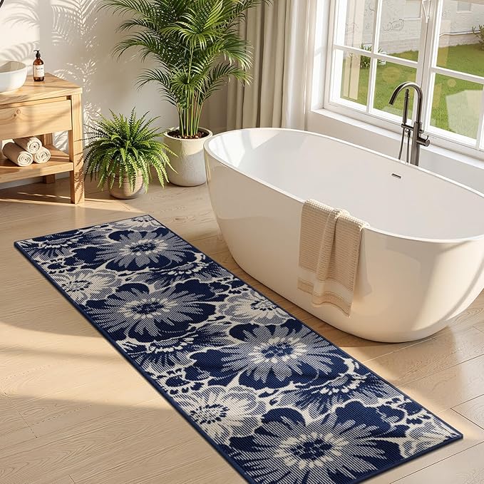 Findosom Hallway Runner Rug 2x8, Non Slip High-Low Textured Floral Washable Runner Rug with Rubber Backing, Boho Carpet Runner for Kitchen, Entryway, Bedroom, Laundry, Navy