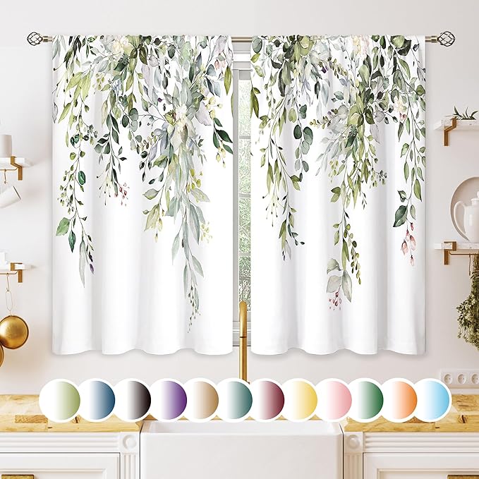 Eucalyptus Botanical Leaves Floral Kitchen Window Curtains Over Sink Farmhouse Flower Leaf Small Window Treatment Sage Green Cafe Short Curtains for Bathroom Treatment Tier Drapes 26x24 inch