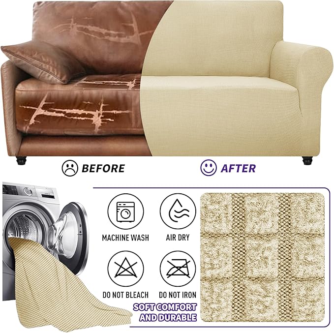 ZNSAYOTX Stretch Oversized Couch Cover Universal Sofa Covers for Living Room Dogs Pet Furniture Protector Spandex Extra Large Sofa Slipcovers with Anti Slip Foam Sticks (Beige, XL Sofa)