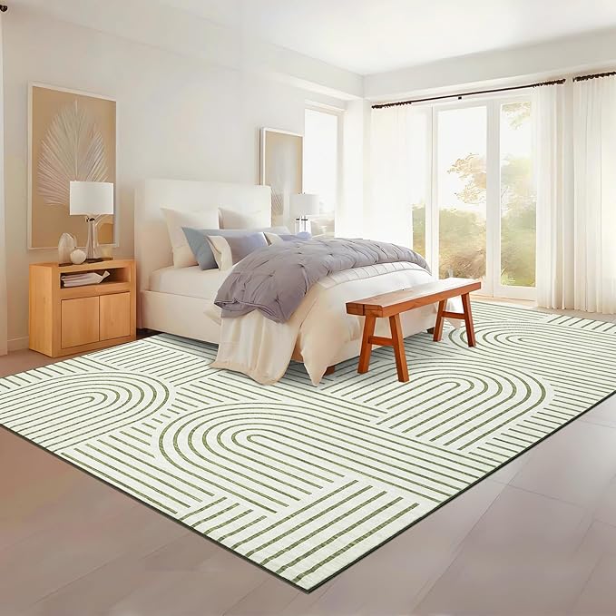 ROYHOME Washable Rug 9x12 Area Rugs for Living Room, Abstract Rug for Bedroom, Soft Rainbow Non Slip Throw Rugs with Rubber Back, Low Pile Stain Resistant Boho Geometric Carpet for Dining Room, Green