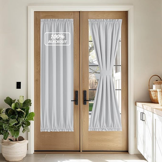 NICETOWN 100% Blackout Door Curtain Thermal Insulated Privacy Curtain for French Front Door with Adjustable Tieback, Room Darkening Window Covering for Kitchen, W30 x L72, 1 PC, Greyish White