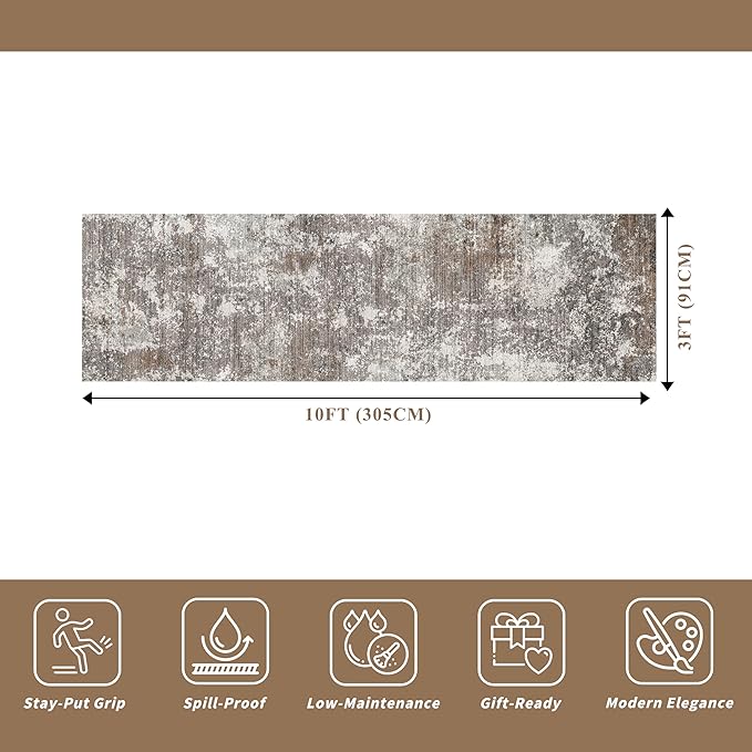 3x10 ft Long Hallway Runner Rug – Non-Slip Washable Kitchen Floor Rug with Rubber Backing, Modern Low Pile Thin Wide Carpet Runners for Bedroom, Entryway Indoor (Brown Beige,3x10)